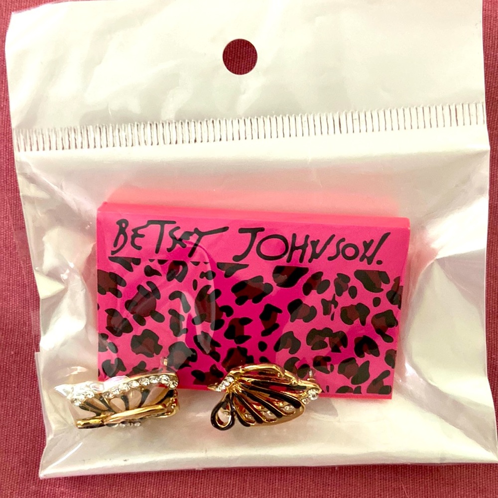 Betsey Johnson Gold Tone 3D Black Butterfly Stud Earrings Crystal Accents NIB
